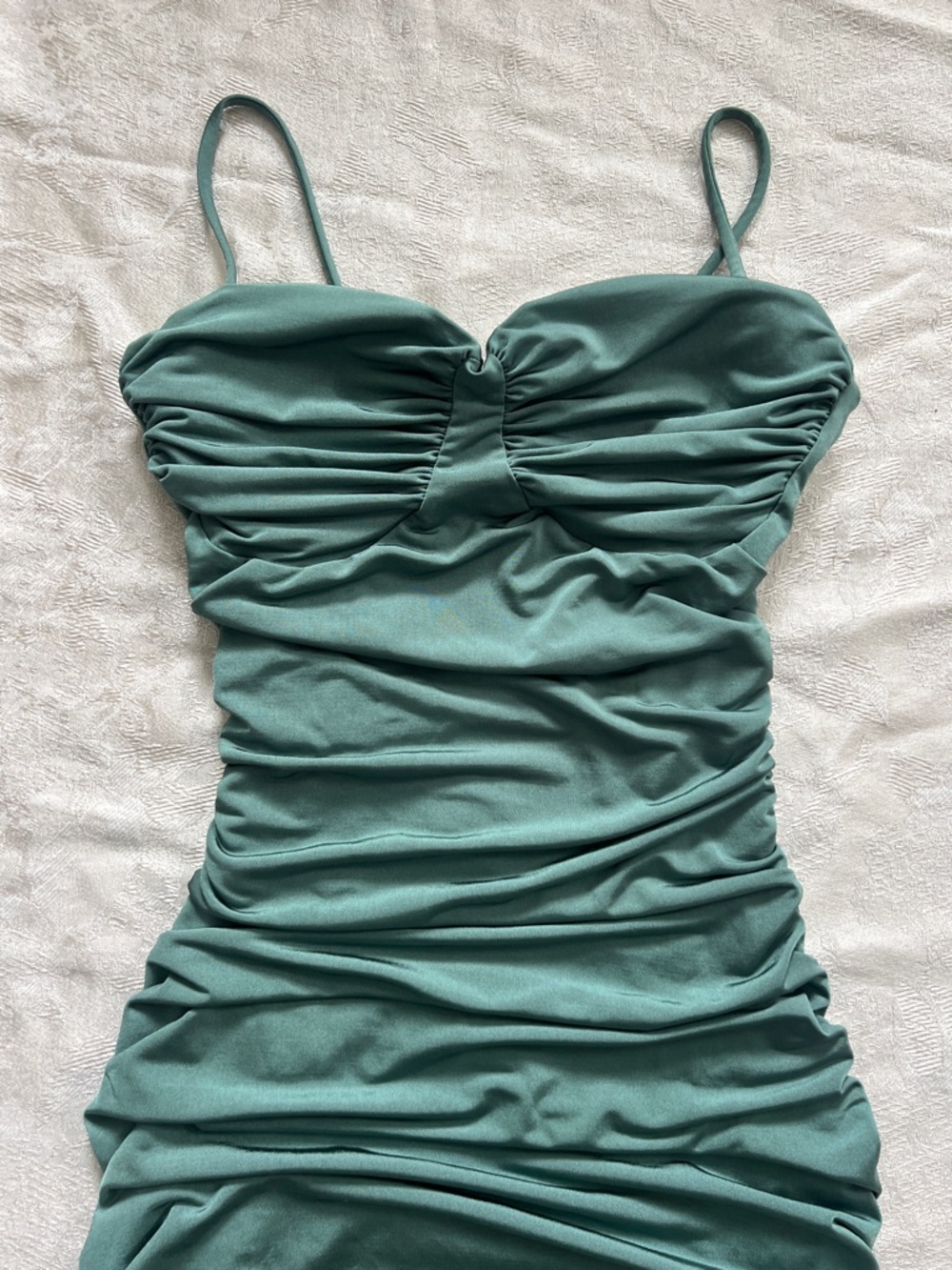 Windsor Sage Green Ruched Bodycon Mini Dress Size S Spaghetti Strap - Picture 2 of 9
